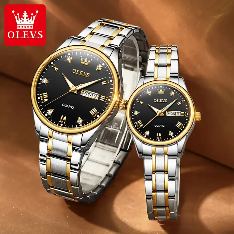 Olevs Black Dial Two-tone Couple Watch | 5563